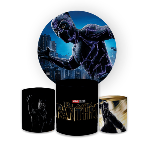 Kit Capa Painel Redondo + Trio Cilindros Decoração Festa e Comemoração PANTERA NEGRA