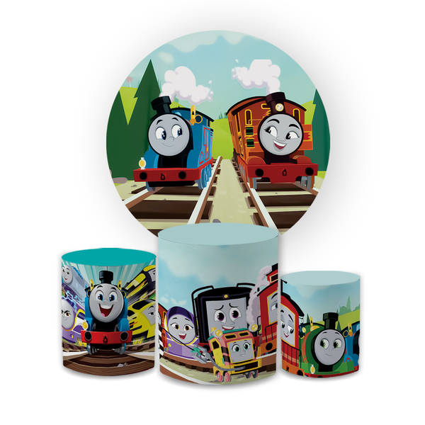 Kit Capa Painel Redondo + Trio Cilindros Decoração Festa Aniversário Infantil THOMAS