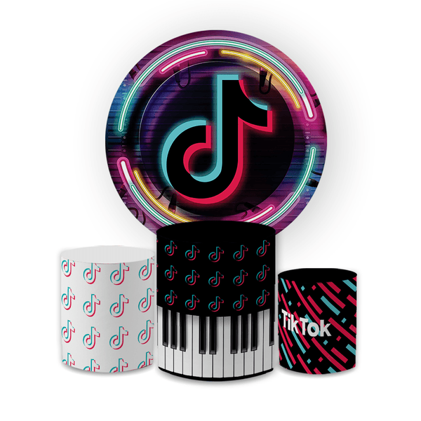 Kit Capa Painel Redondo + Trio Cilindros Decoração Festa Aniversário TIK TOK