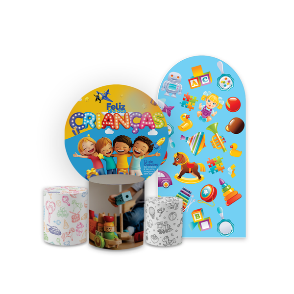 Kit Capa Painel Redondo + Trio Cilindros Decoração Festa DIA DAS CRIANÇAS