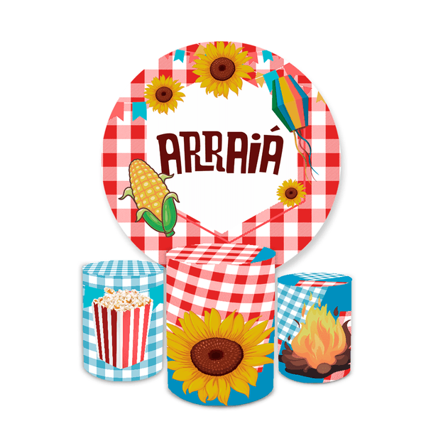 Kit Capa Painel Redondo + Trio Cilindros Decoração Festa Aniversário Infantil ARRAIA