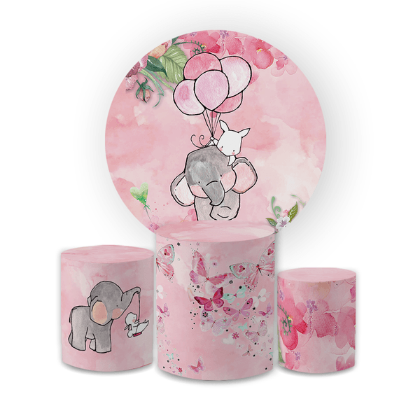 Kit Capa Painel Redondo + Trio Cilindros Decoração Festa Aniversário Infantil Elefantinho Rosa Menina