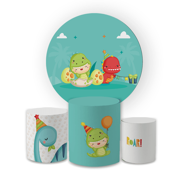 Kit Capa Painel Redondo + Trio Cilindros Decoração Festa Aniversário Infantil Dino Baby
