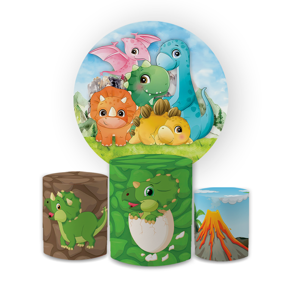 Kit Capa Painel Redondo + Trio Cilindros Decoração Festa Aniversário Infantil Dino Baby 