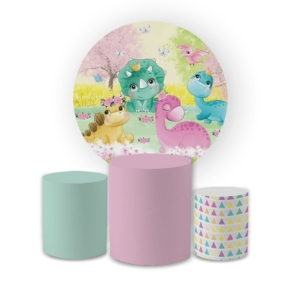 Kit Capa Painel Redondo + Trio Cilindros Decoração Festa Aniversário Infantil Dino Baby Rosa Menina