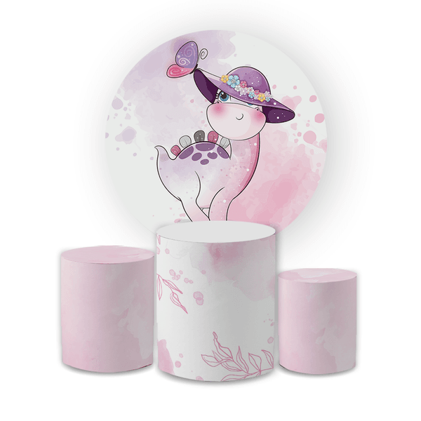 Kit Capa Painel Redondo + Trio Cilindros Decoração Festa Aniversário Infantil Dino Baby Rosa Menina 