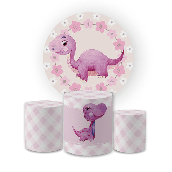 Kit Capa Painel Redondo + Trio Cilindros Decoração Festa Aniversário Infantil Dino Baby Rosa Menina 
