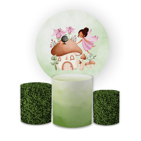Kit Capa Painel Redondo + Trio Cilindros Decoração Festa Aniversário Infantil Fadas 