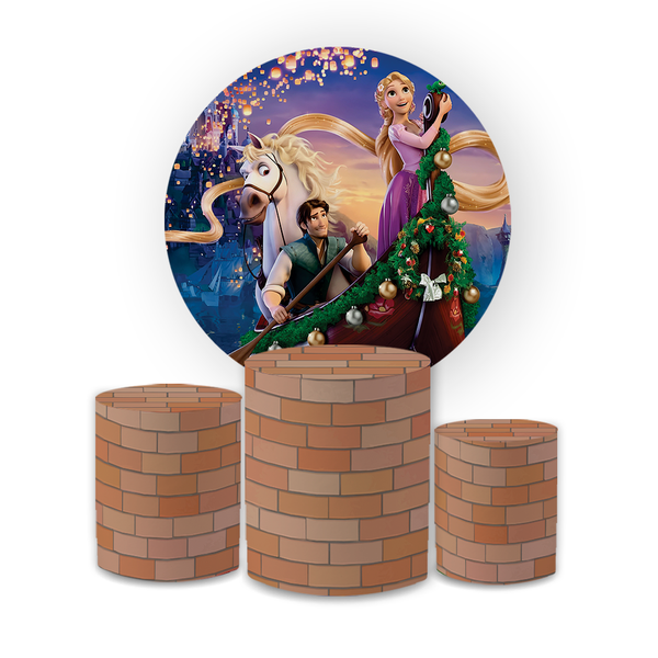 Kit Capa Painel Redondo + Trio Cilindros Decoração Festa Aniversário Infantil Filme Rapunzel Enrolados