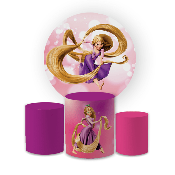 Kit Capa Painel Redondo + Trio Cilindros Decoração Festa Aniversário Infantil Filme Rapunzel Enrolados 