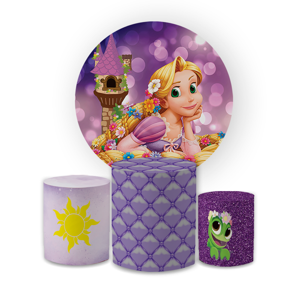 Kit Capa Painel Redondo + Trio Cilindros Decoração Festa Aniversário Infantil Filme Rapunzel Enrolados 