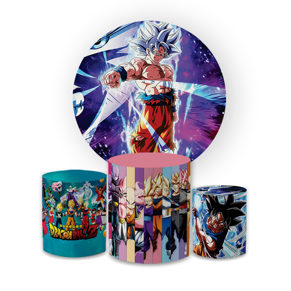 Kit Capa Painel Redondo + Trio Cilindros Decoração Festa Aniversário Infantil Goku Dragon Ball Z 