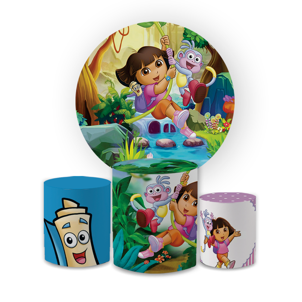 Kit Capa Painel Redondo + Trio Cilindros Decoração Festa Aniversário Infantil Dora Aventureira