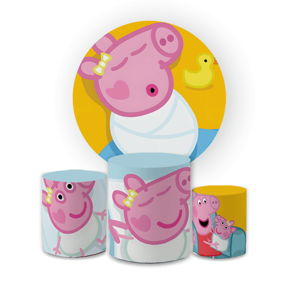 Kit Capa Painel Redondo + Trio Cilindros Decoração Festa Aniversário Infantil Evie Pig Irmã Peppa Pig