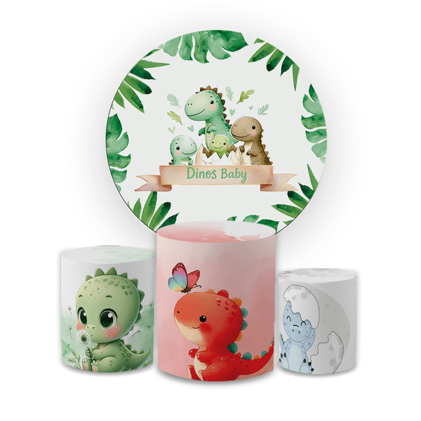 Kit Capa Painel Redondo + Trio Cilindros Decoração Festa Aniversário Infantil Dino Baby 