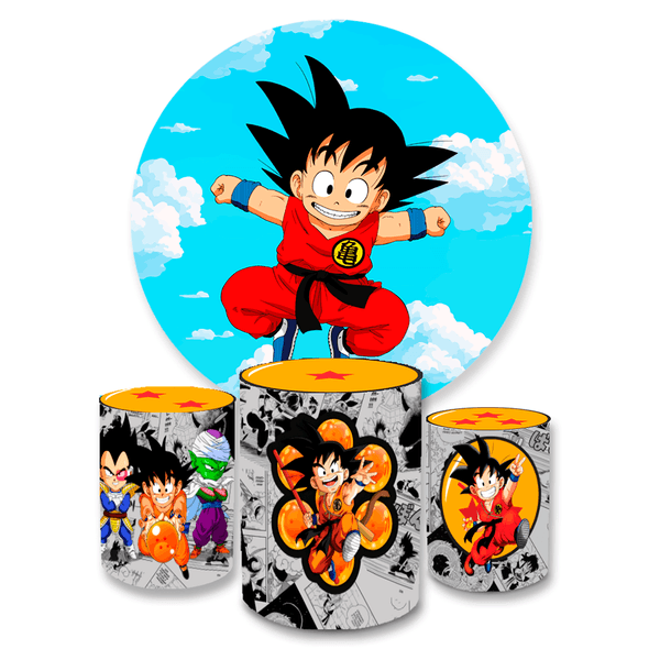 Kit Capa Painel Redondo + Trio Cilindros Decoração Festa Aniversário Infantil Goku Dragon Ball Z 