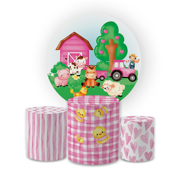 Kit Capa Painel Redondo + Trio Cilindros Decoração Festa Aniversário Infantil Fazendinha Rosa Menina 