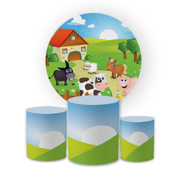 Kit Capa Painel Redondo + Trio Cilindros Decoração Festa Aniversário Infantil Fazendinha 