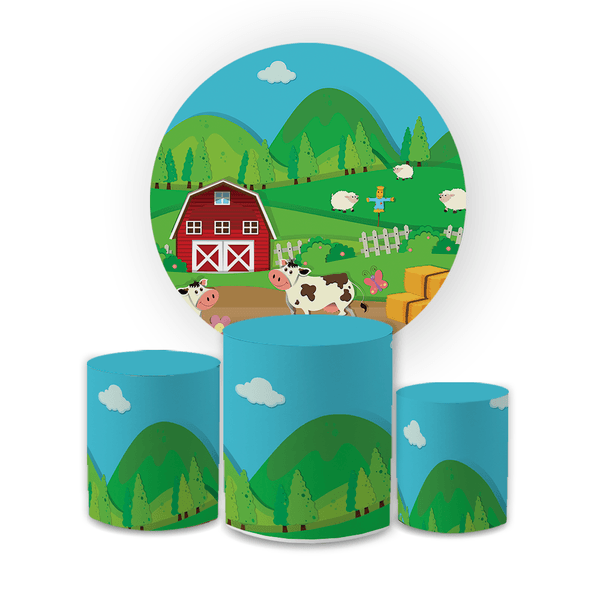 Kit Capa Painel Redondo + Trio Cilindros Decoração Festa Aniversário Infantil Fazendinha 