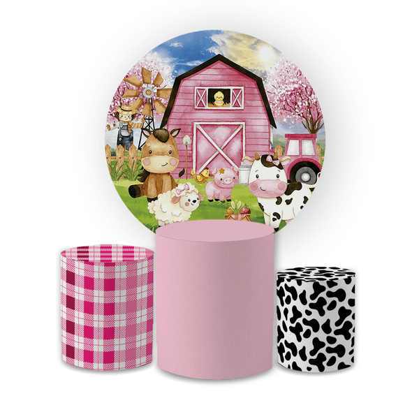 Kit Capa Painel Redondo + Trio Cilindros Decoração Festa Aniversário Infantil Fazendinha Rosa Menina 