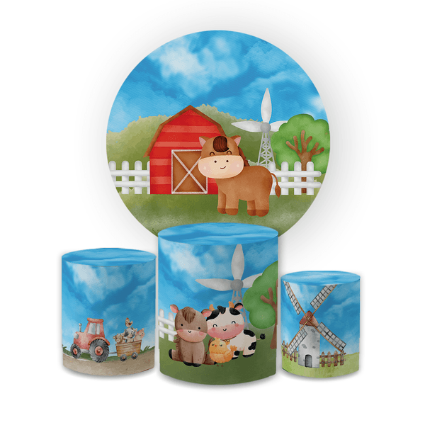 Kit Capa Painel Redondo + Trio Cilindros Decoração Festa Aniversário Infantil Fazendinha 