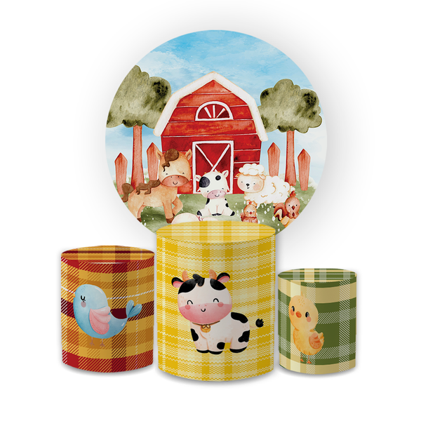 Kit Capa Painel Redondo + Trio Cilindros Decoração Festa Aniversário Infantil Fazendinha 