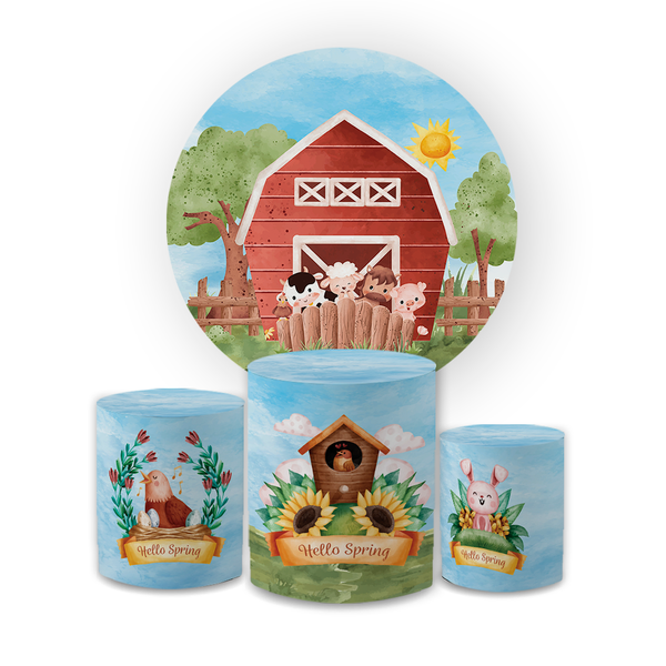 Kit Capa Painel Redondo + Trio Cilindros Decoração Festa Aniversário Infantil Fazendinha 