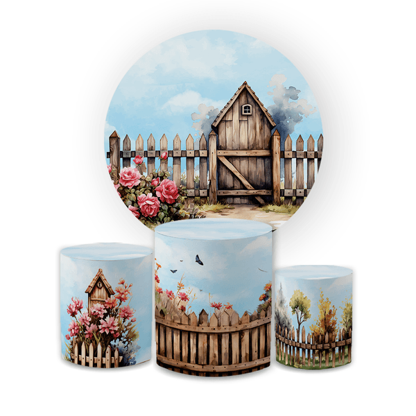 Kit Capa Painel Redondo + Trio Cilindros Decoração Festa Aniversário Infantil Fazendinha 