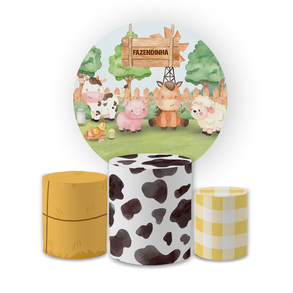 Kit Capa Painel Redondo + Trio Cilindros Decoração Festa Aniversário Infantil Fazendinha 