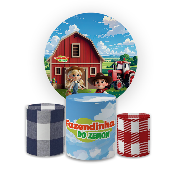 Kit Capa Painel Redondo + Trio Cilindros Decoração Festa Aniversário Infantil Fazendinha 