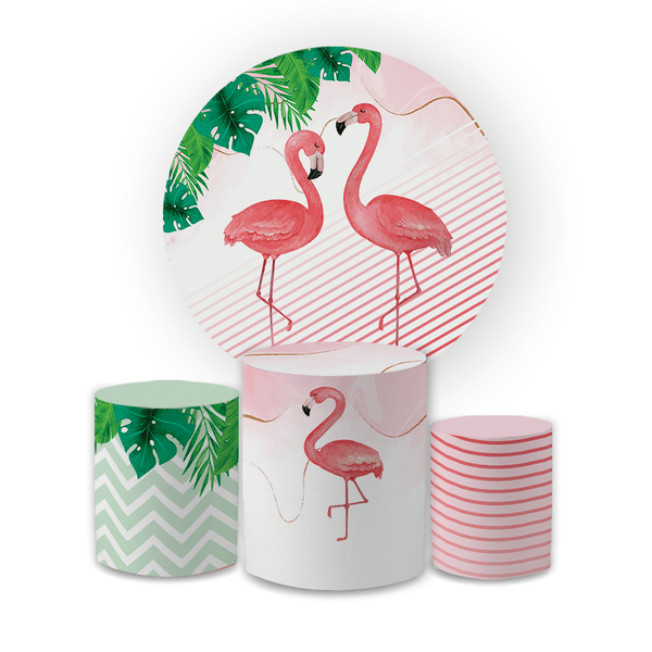 Kit Capa Painel Redondo + Trio Cilindros Decoração Festa Infantil Flamingo 