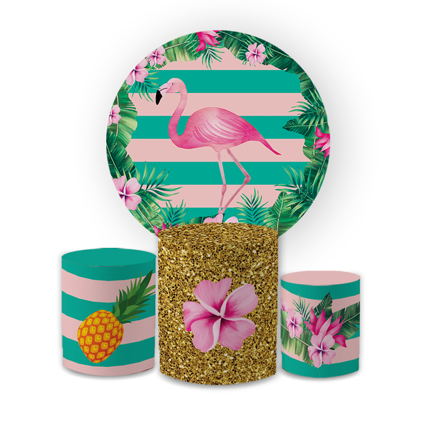 Kit Capa Painel Redondo + Trio Cilindros Decoração Festa Infantil Flamingo 