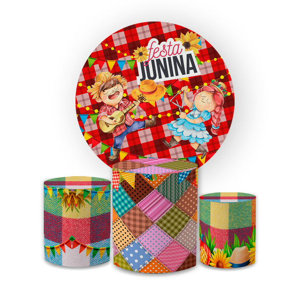 Kit Capa Painel Redondo + Trio Cilindros Decoração Festa Junina