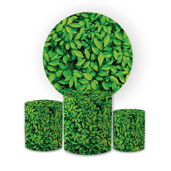 Kit Capa Painel Redondo + Trio Cilindros Decoração Festa Aniversário Folhagem Verde