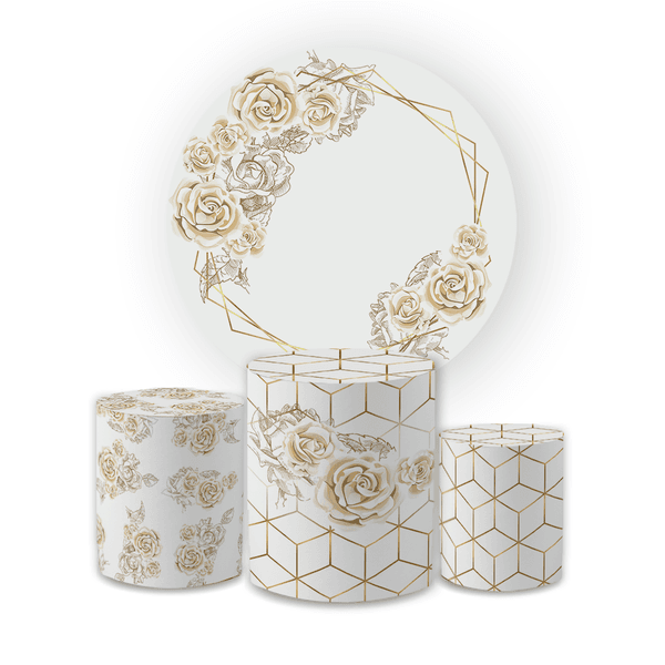 Kit Capa Painel Redondo + Trio Cilindros Decoração Festa Aniversário Floral Rosas Geométrico Dourado
