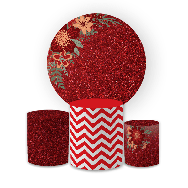 Kit Capa Painel Redondo + Trio Cilindros Decoração Festa Aniversário Floral Vermelho