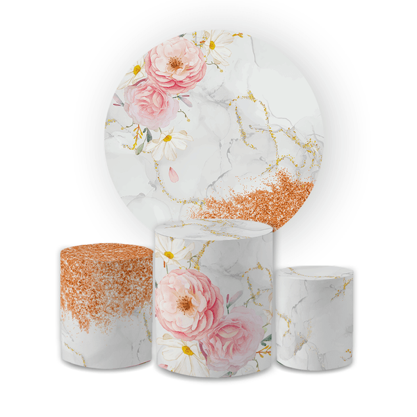 Kit Capa Painel Redondo + Trio Cilindros Decoração Festa Aniversário Floral Rosê Geométrico