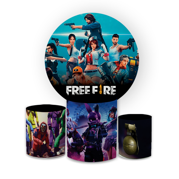 Kit Capa Painel Redondo + Trio Cilindros Decoração Festa Aniversário Jogo Free Fire 