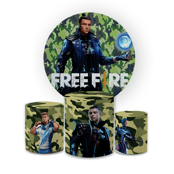Kit Capa Painel Redondo + Trio Cilindros Decoração Festa Aniversário Jogo Free Fire 