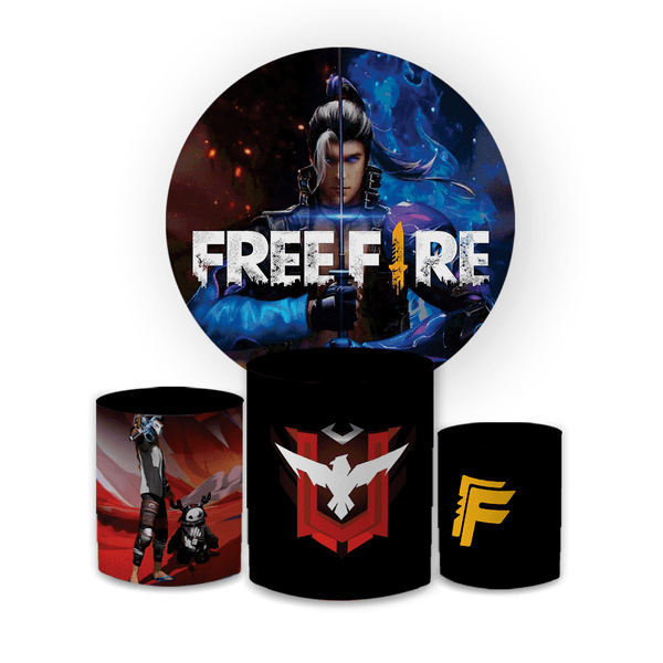 Kit Capa Painel Redondo + Trio Cilindros Decoração Festa Aniversário Jogo Free Fire 