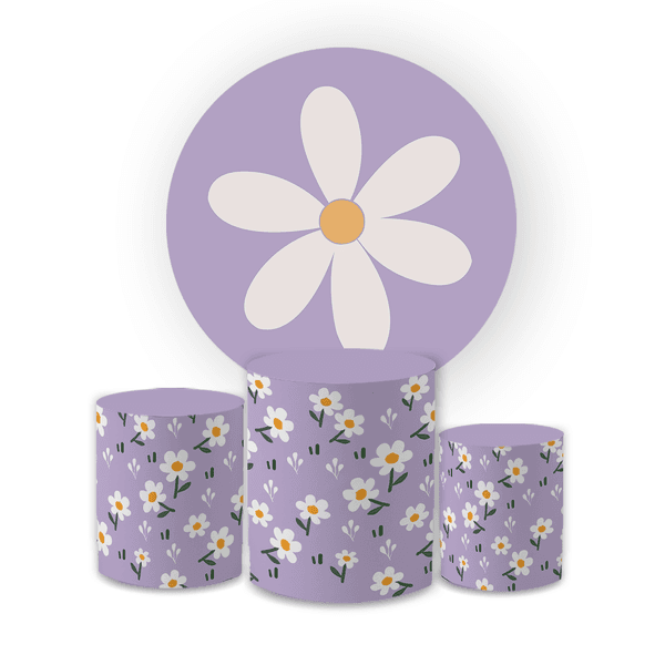 Kit Capa Painel Redondo + Trio Cilindros Decoração Festa Aniversário Flores Margarida Lilás Delicada