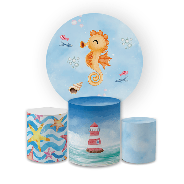 Kit Capa Painel Redondo + Trio Cilindros Decoração Festa Aniversário Infantil Fundo do Mar 