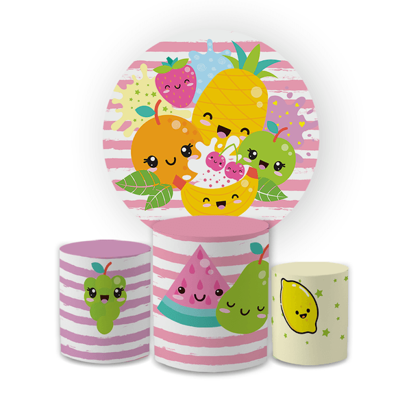 Kit Capa Painel Redondo + Trio Cilindros Decoração Festa Aniversário Infantil Frutinhas Quitanda
