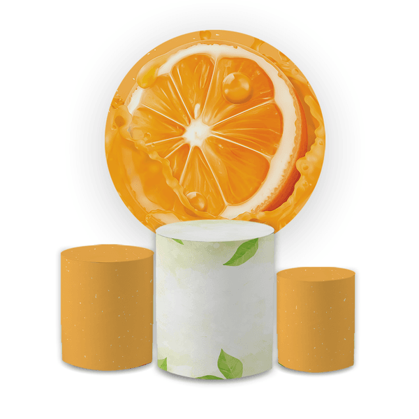 Kit Capa Painel Redondo + Trio Cilindros Decoração Festa Aniversário Infantil Frutinhas Laranja