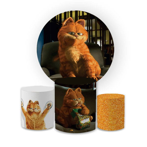 Kit Capa Painel Redondo + Trio Cilindros Decoração Festa Aniversário Desenho Filme Garfield
