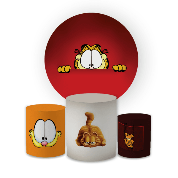 Kit Capa Painel Redondo + Trio Cilindros Decoração Festa Aniversário Desenho Filme Garfield 