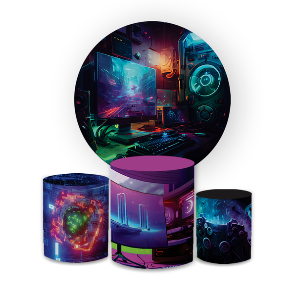 Kit Capa Painel Redondo + Trio Cilindros Decoração Festa Aniversário Infantil Game 
