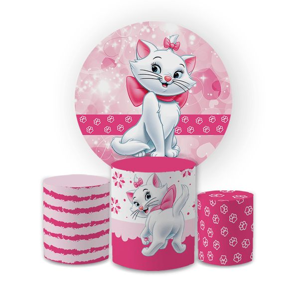 Kit Capa Painel Redondo + Trio Cilindros Decoração Festa Aniversário Desenho Gatinha Marie 
