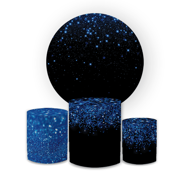 Kit Capa Painel Redondo + Trio Cilindros Decoração Festa Aniversário Glitter Degradê Preto e Azul