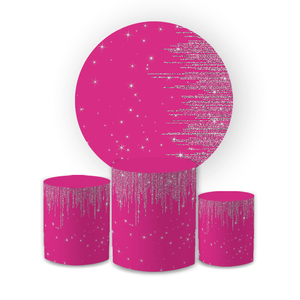 Kit Capa Painel Redondo + Trio Cilindros Decoração Festa Aniversário Glitter Degradê Rosa e Prata